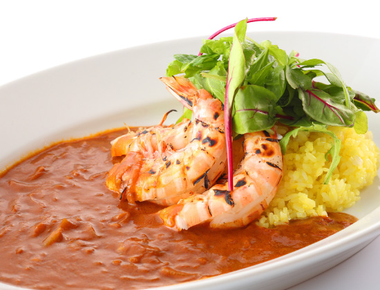 prawn grill, red curry rice, herb salad