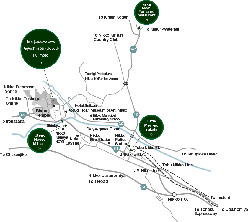 access map Restaurant Cafe Meiji-no-Yakata Yama-no restaurant Yuansanbo Gyoshintei Steak House Mihashi